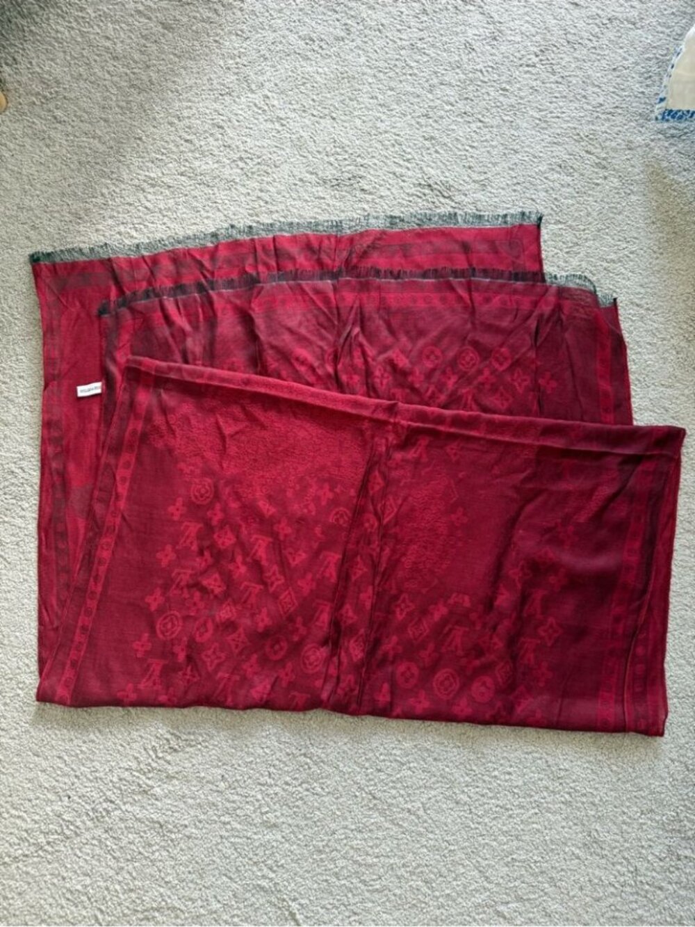 Louis Vuitton Vintage Deep Wine Red Burgundy Monogram Scarf 100% Silk